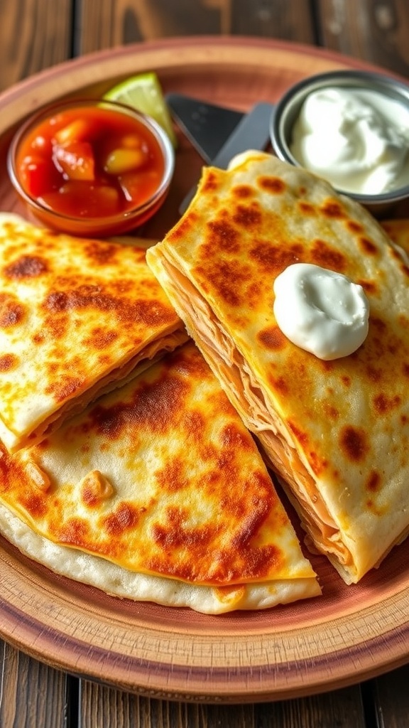 Golden-brown chicken quesadilla cut into wedges, served with salsa and sour cream.